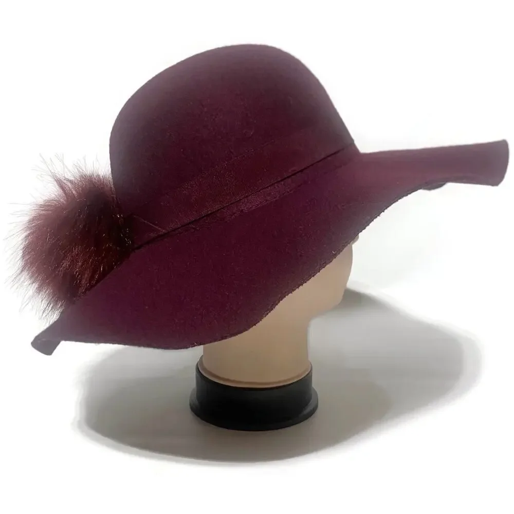 Torrid Wide-Brim Felt Hat With Fur Pom-Pom Deep Burgundy Purple Size S/M